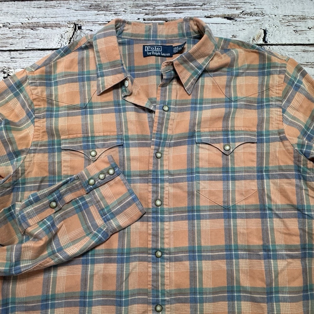 Vintage 90s Polo by Ralph Lauren Men's Peach Plaid Pearl Snap Western Shirt XL